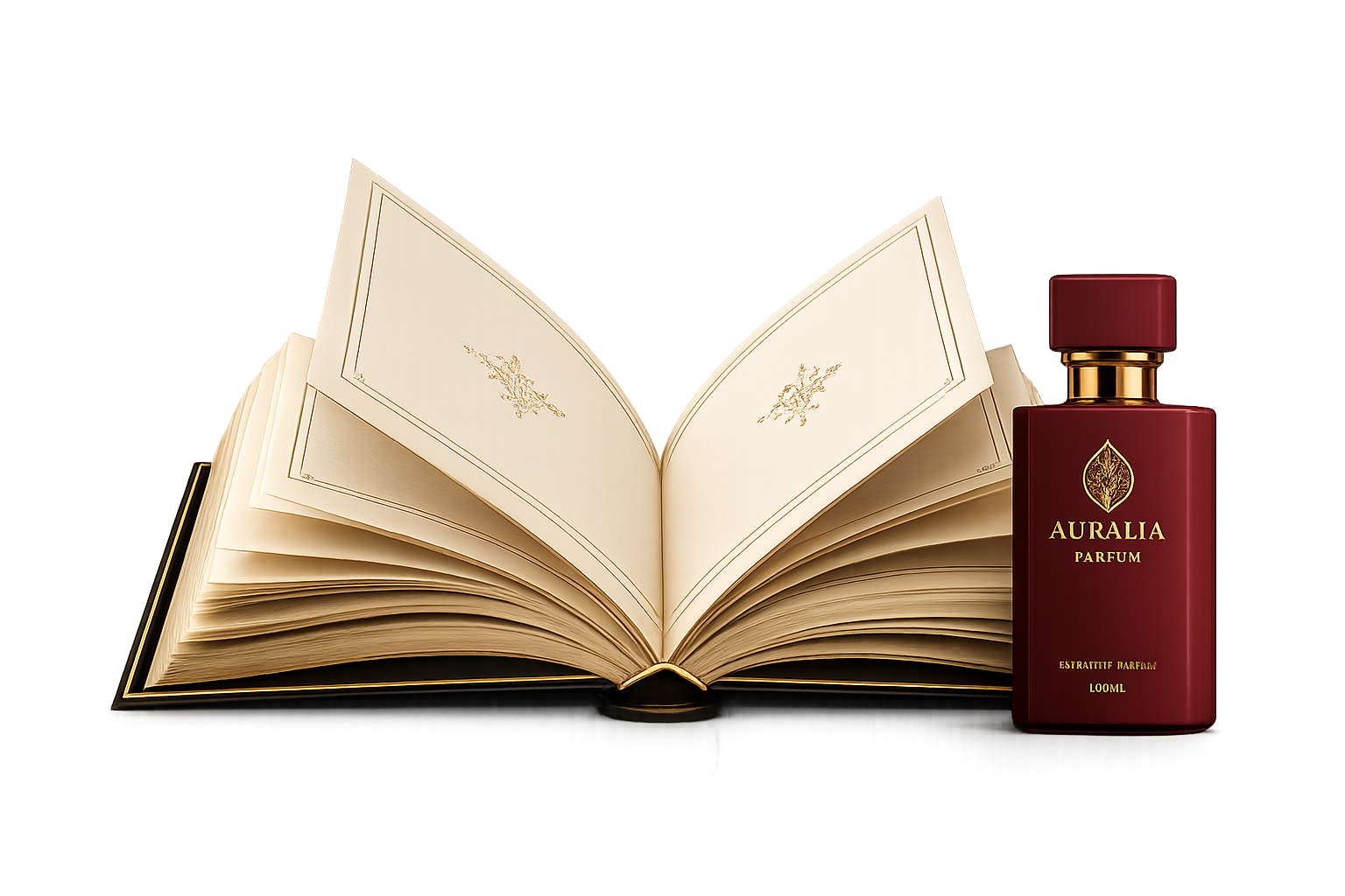Open book beside an Auralia perfume bottle